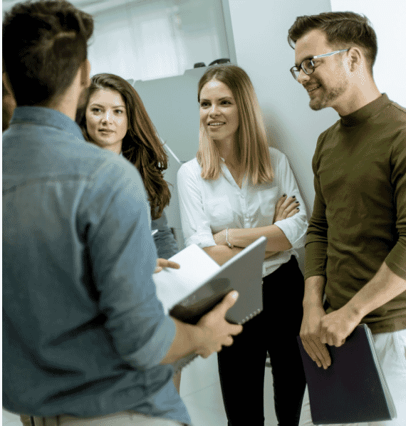 a group of people talking