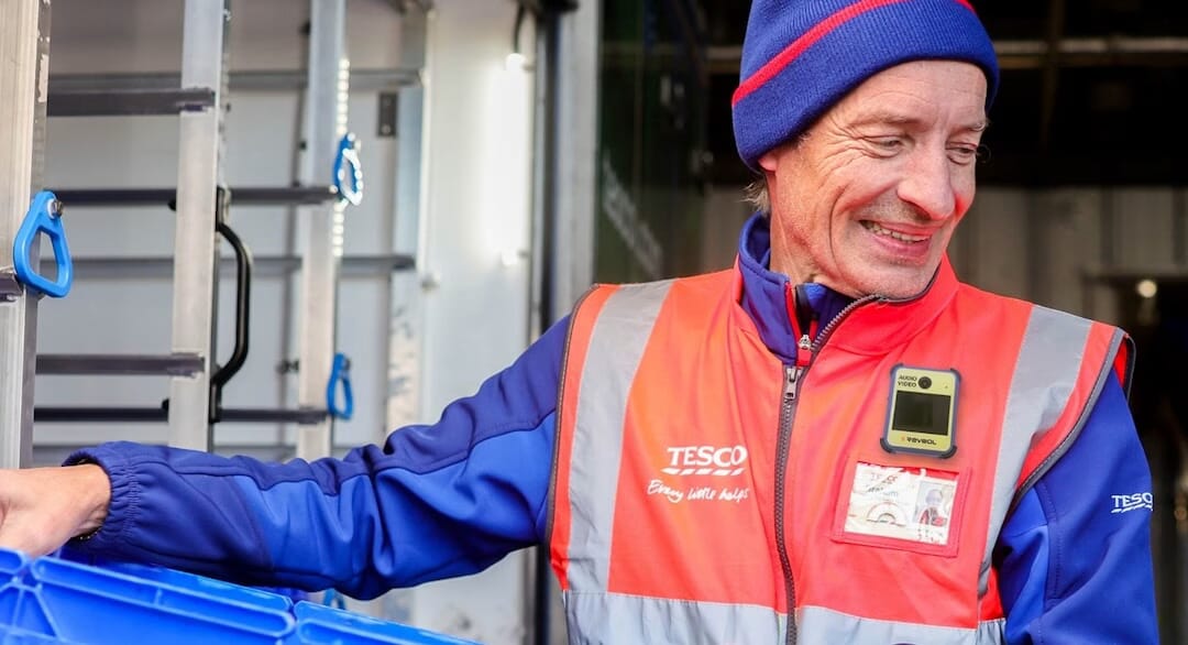 Tesco delivery driver wearing a body worn camera as retailers respond to the rising cost of retail crime